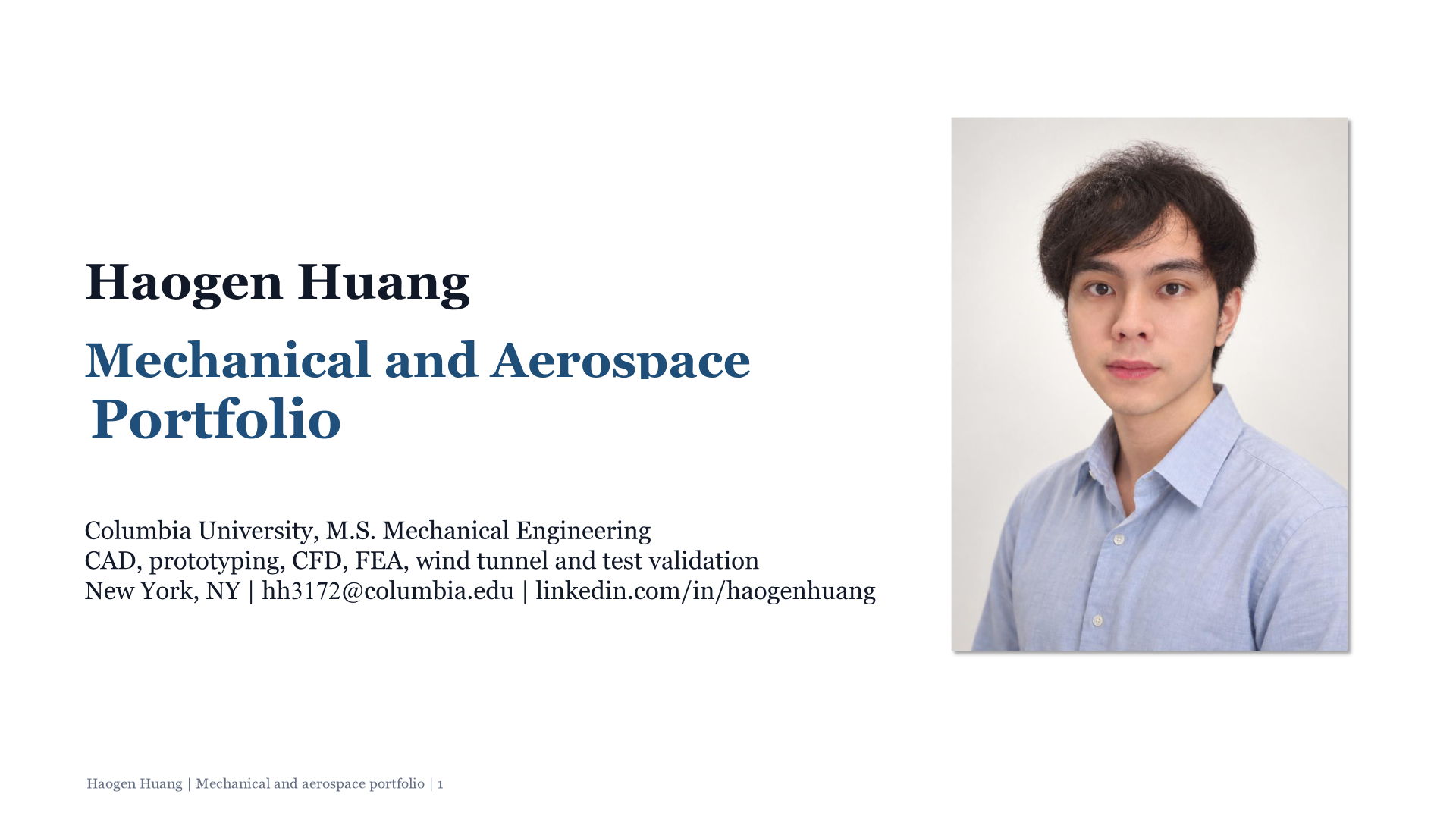 Slide 1, cover page of Haogen Huang mechanical and aerospace portfolio